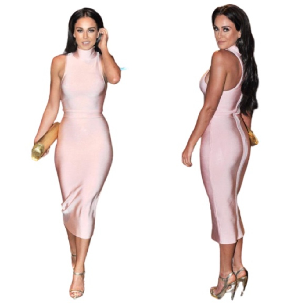 House Of CB Rei High Neck Bodycon Bandage Midi Dress Blush Pink